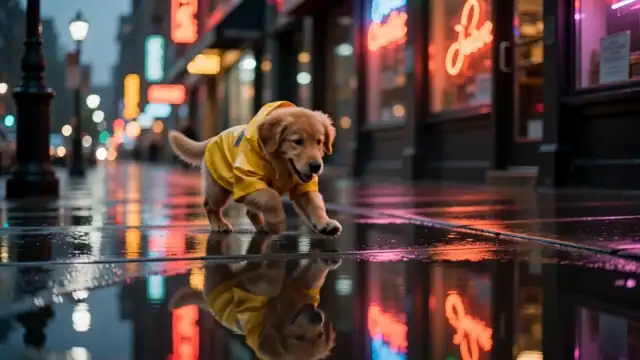 Seedance 2.0: the camera tracks alongside the puppy from the side as it trots past glowing neon shop windows