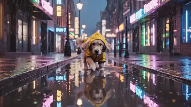 Veo 3.1 Fast: a golden retriever puppy in a yellow raincoat runs toward the camera down a neon-lit wet street and ends in a large splash