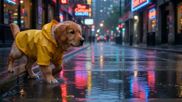 Wan 3: a side view of the puppy walking through a puddle, with detailed fur, a glossy raincoat and splashes at each step