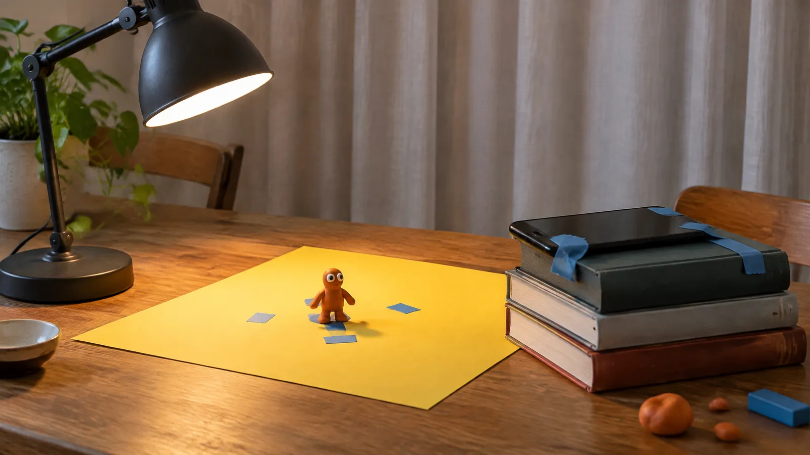 A phone taped on a stack of books pointing at a clay figure on colored card, with a desk lamp and tape marks on the table