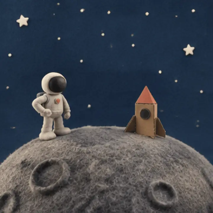 A clay astronaut waves at a tiny cardboard rocket that lifts off from a felt moon and settles back down