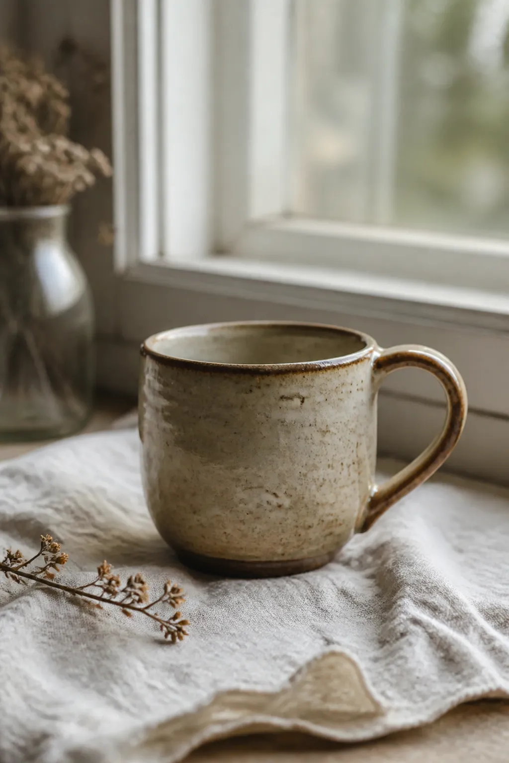 Speckled ceramic mug on linen by a window