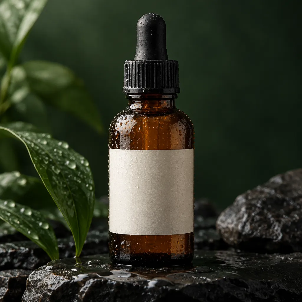 Amber dropper bottle on wet slate