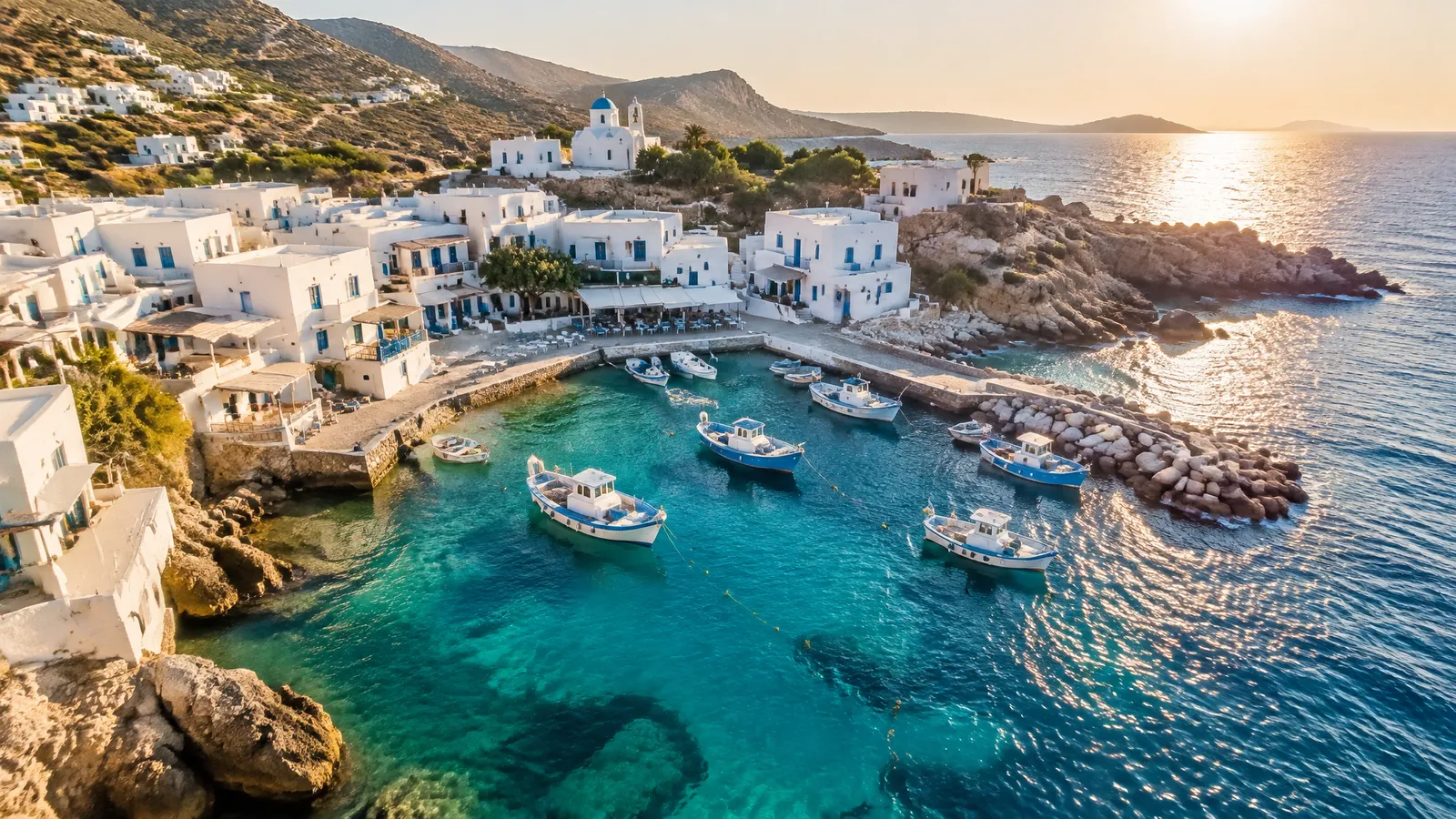 Aerial view of a whitewashed fishing village
