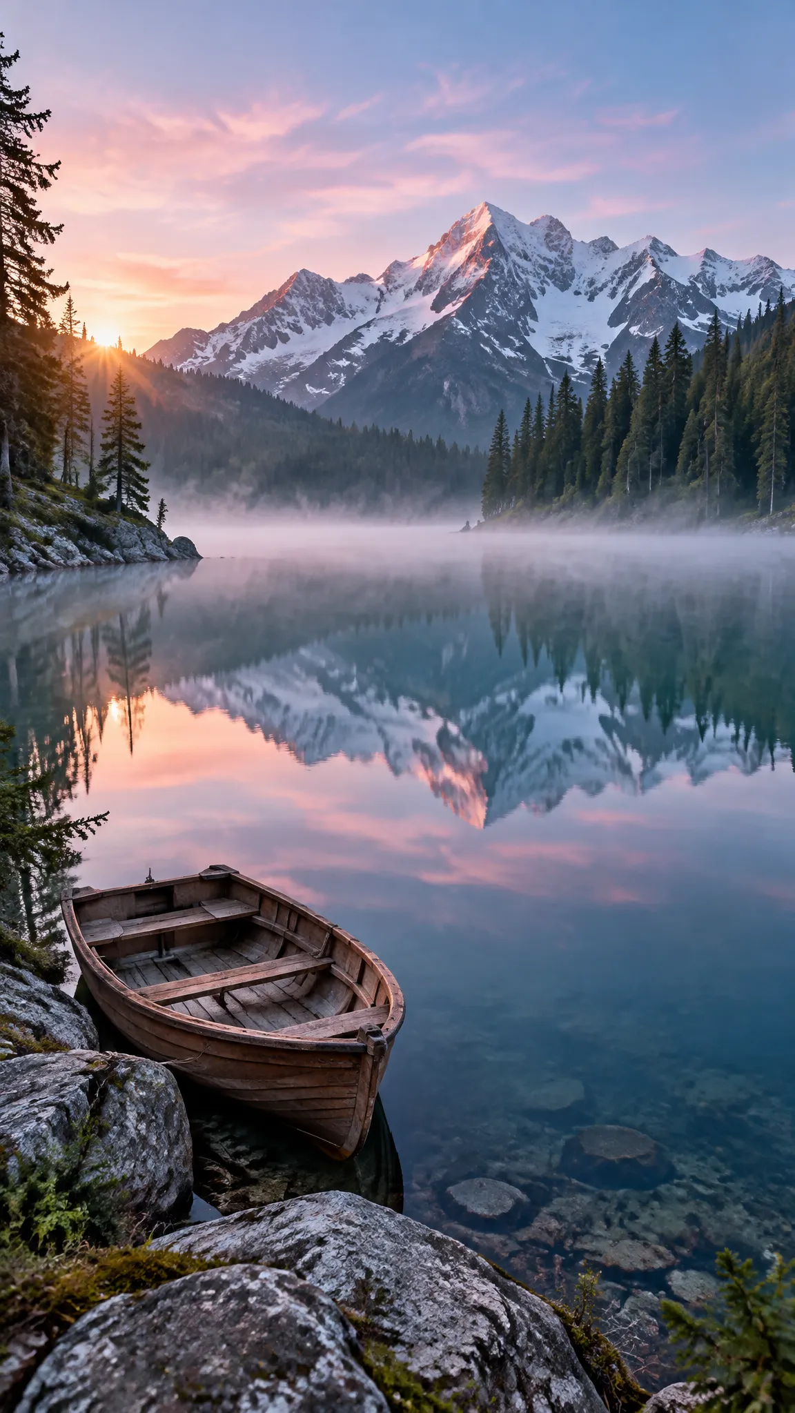 Misty alpine lake with a rowboat at sunrise