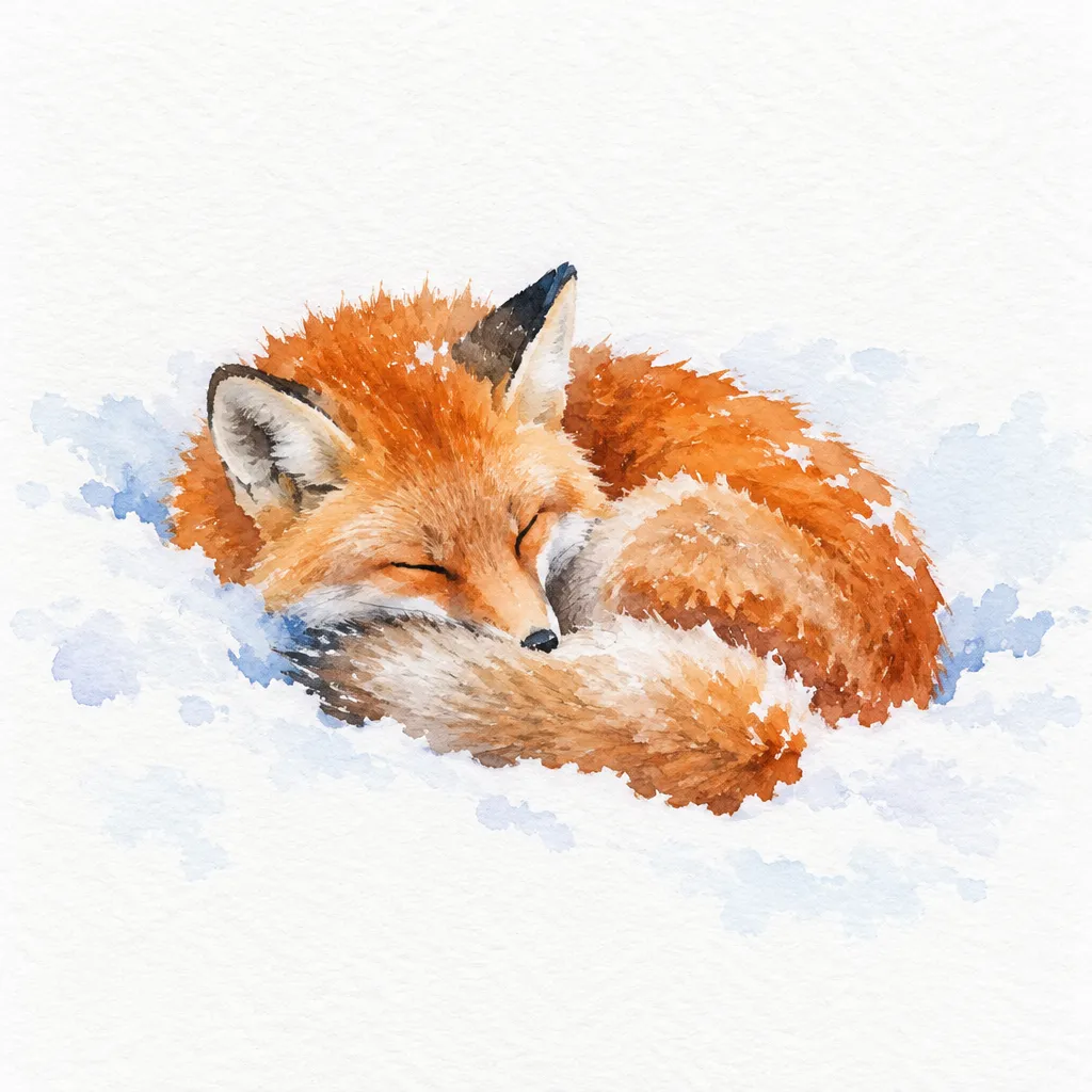 Watercolor fox asleep in snow