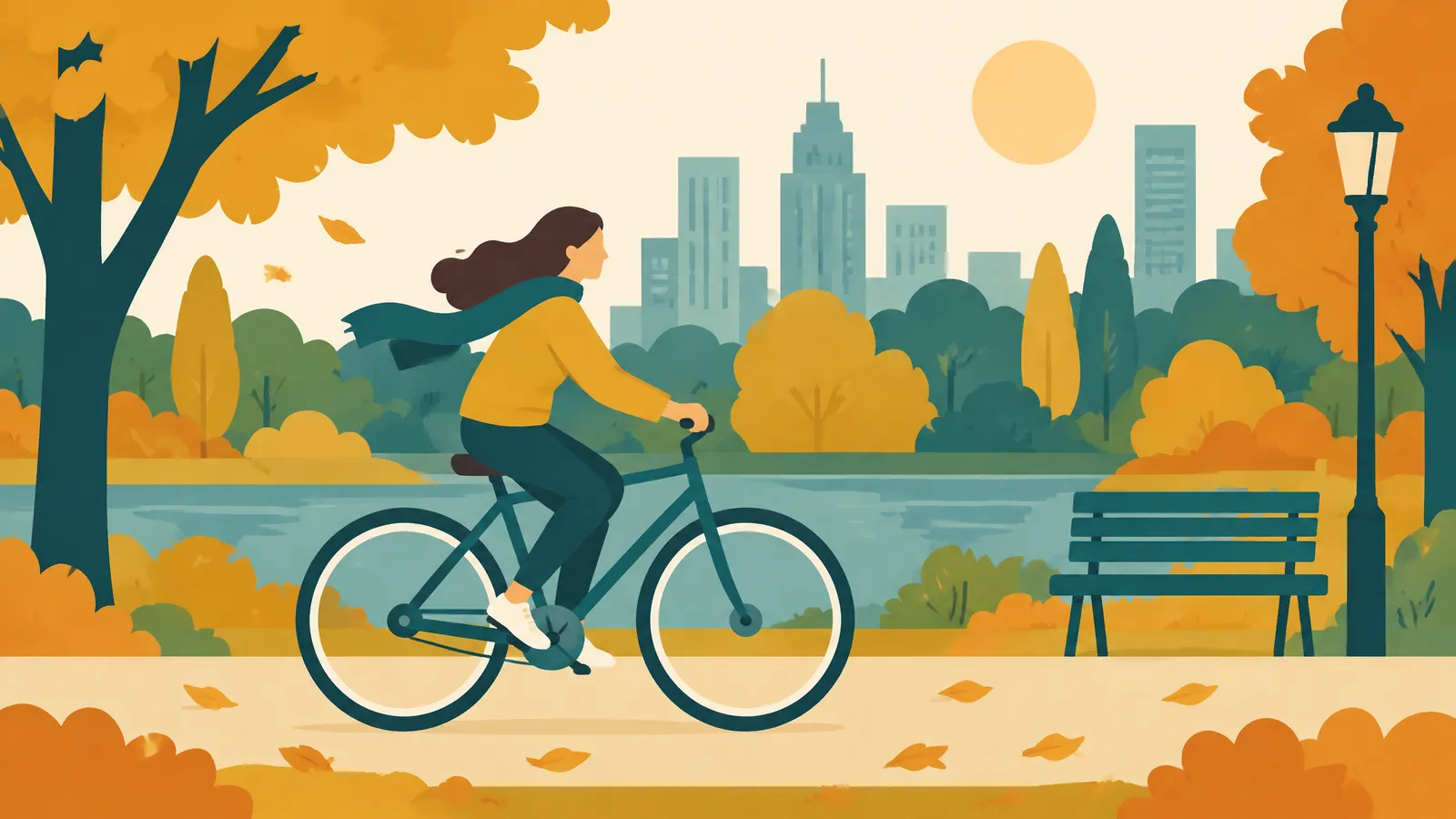 Flat illustration of a cyclist in an autumn park