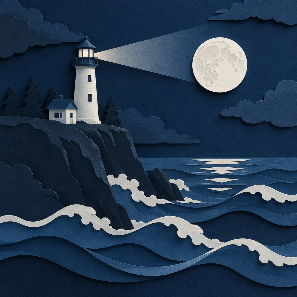 Paper-cut lighthouse under a full moon