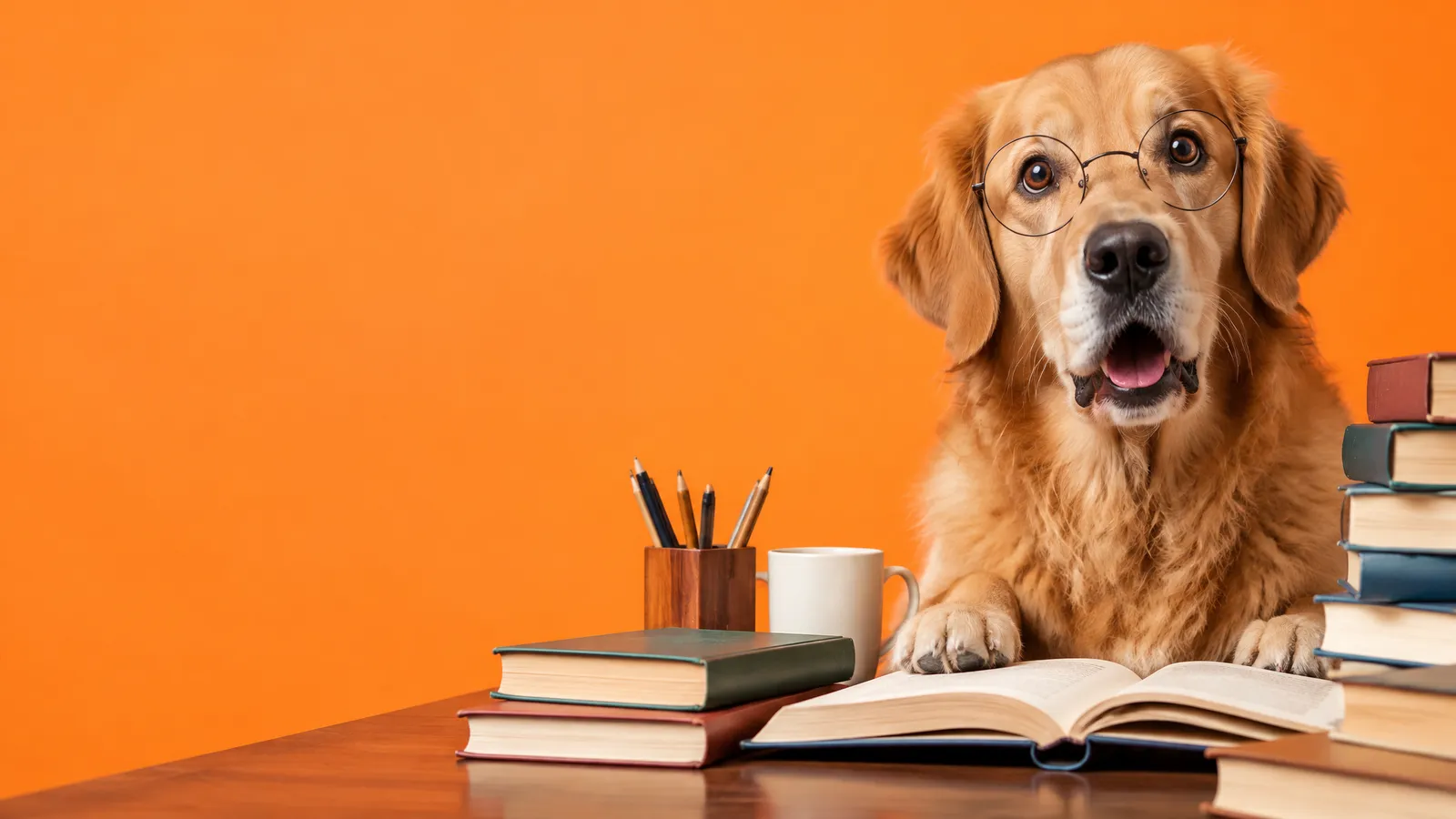 Surprised golden retriever in round glasses