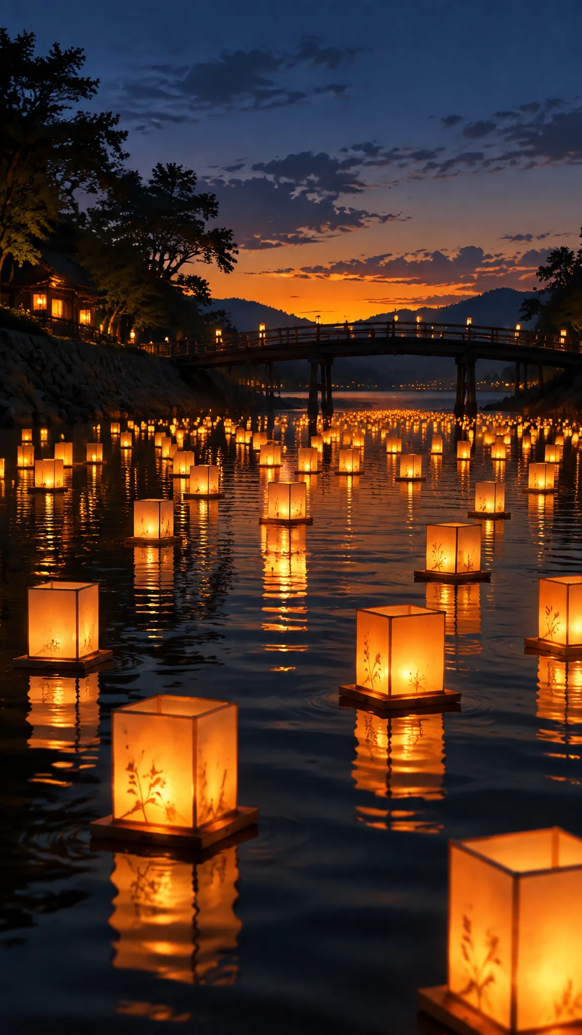 Paper lanterns on a river at dusk