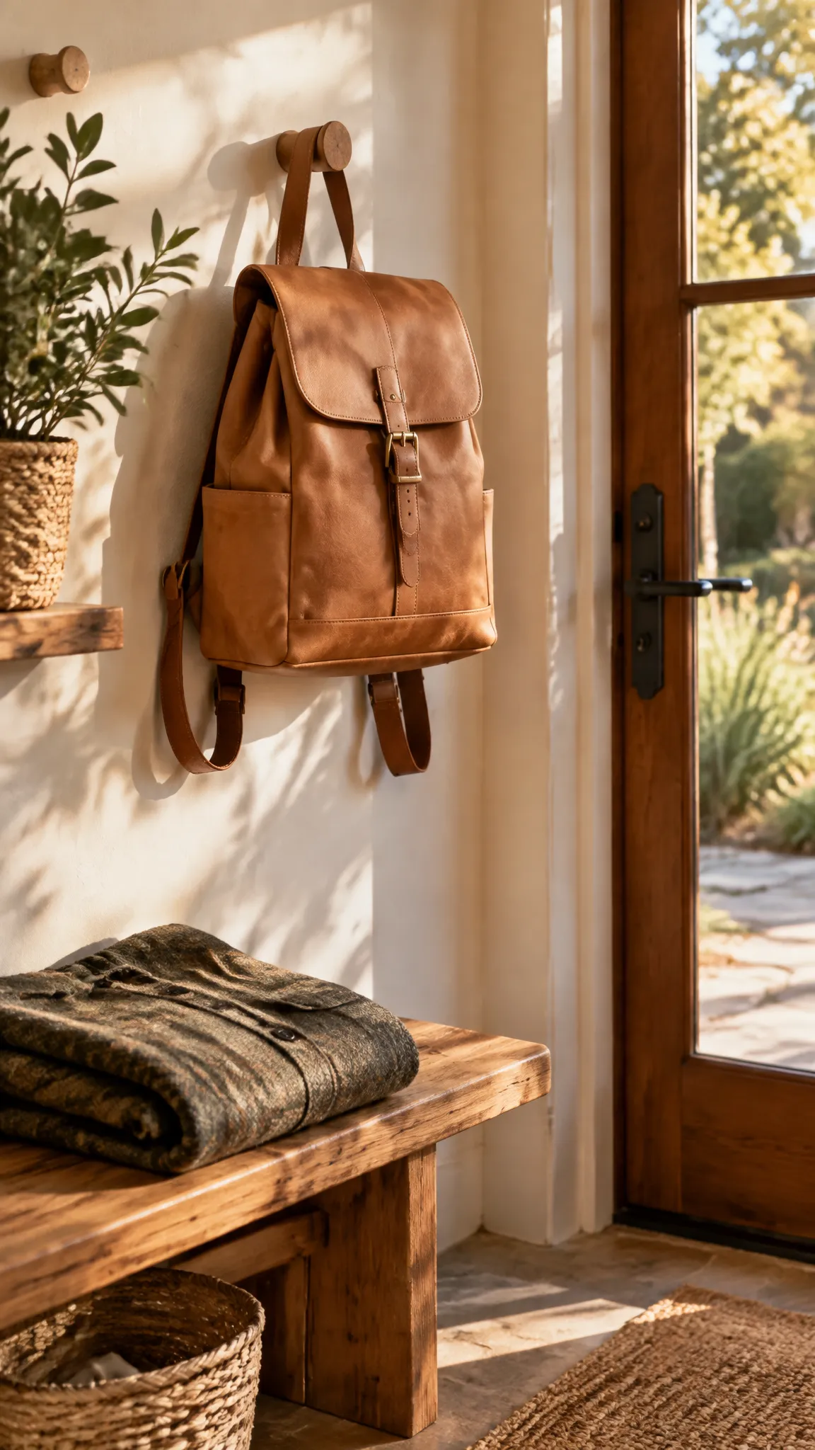 Leather backpack on a peg by a sunny doorway