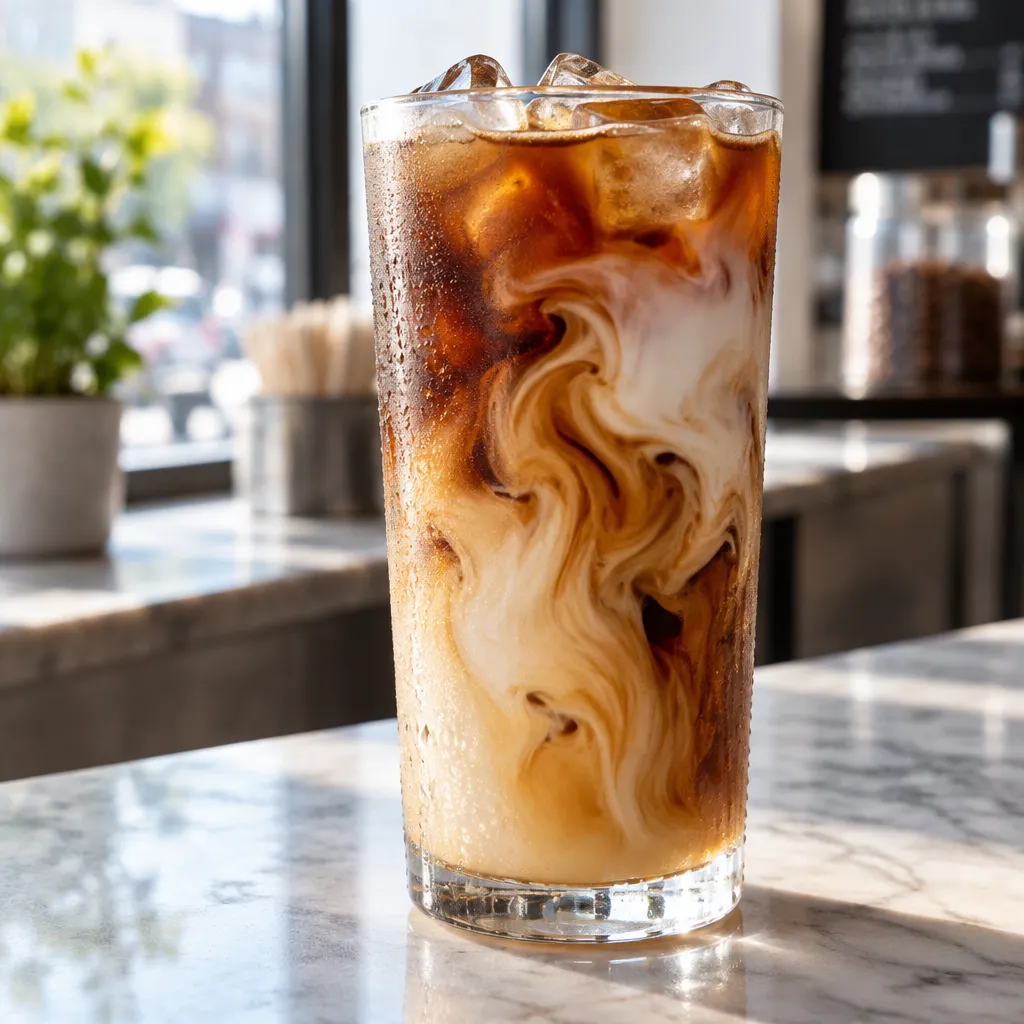 Iced coffee with swirling milk on a marble counter