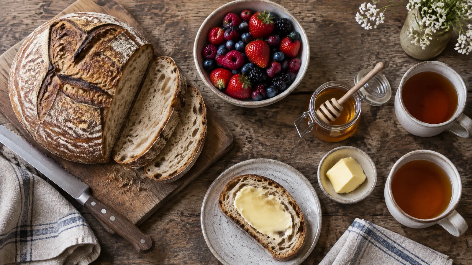 Breakfast table with bread, berries and tea seen from above