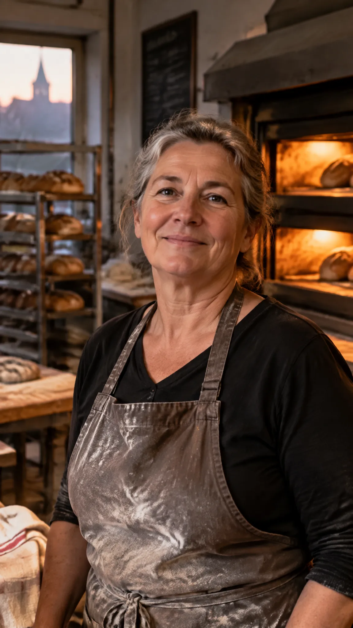 Smiling baker with flour on her apron