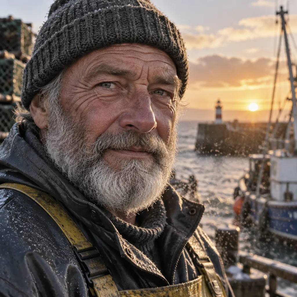 Older fisherman in a knitted cap at sunrise