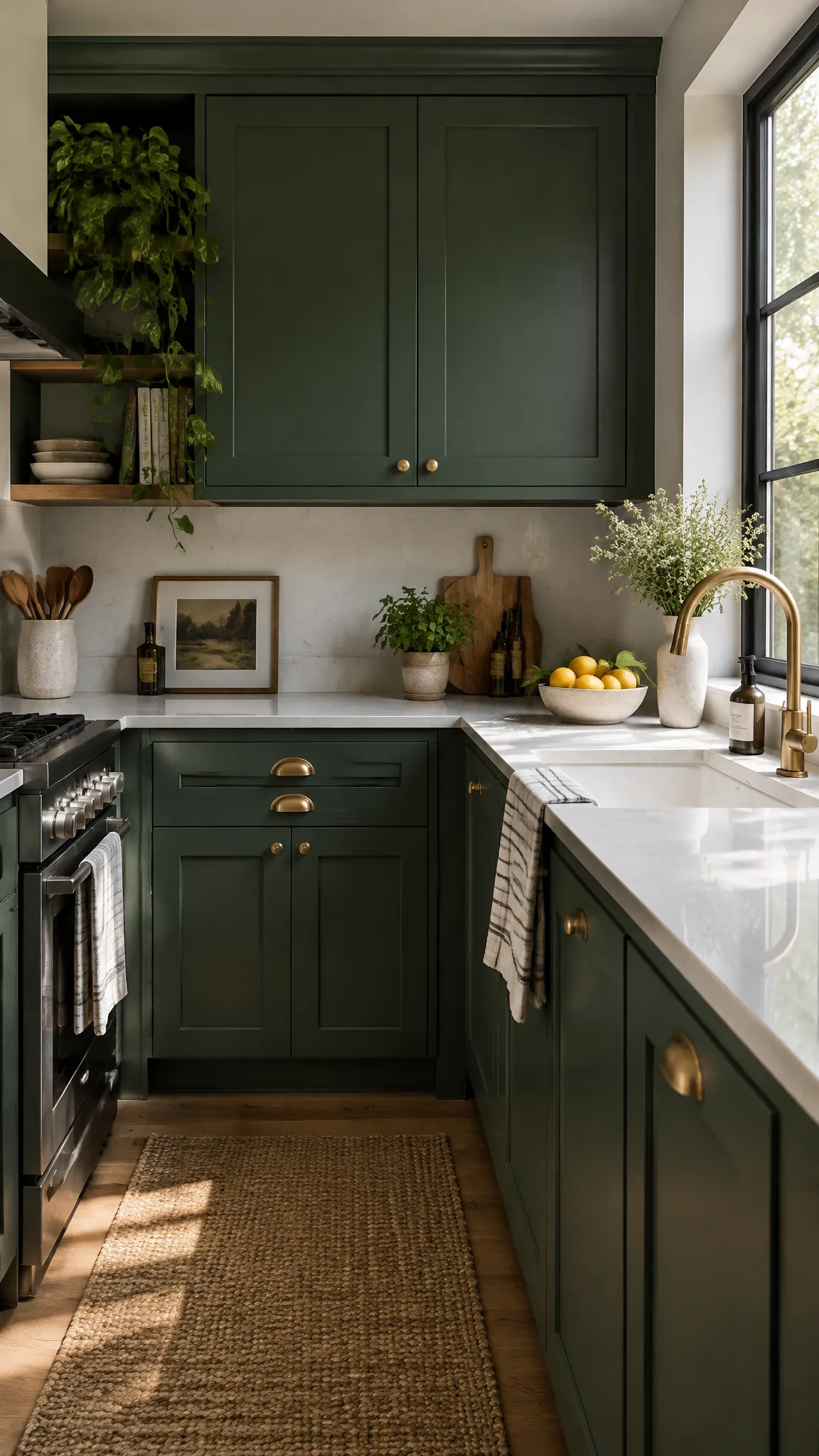 Dark green kitchen with a bowl of lemons