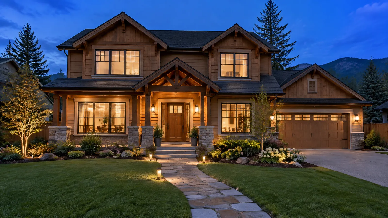 Timber house at dusk with every window lit