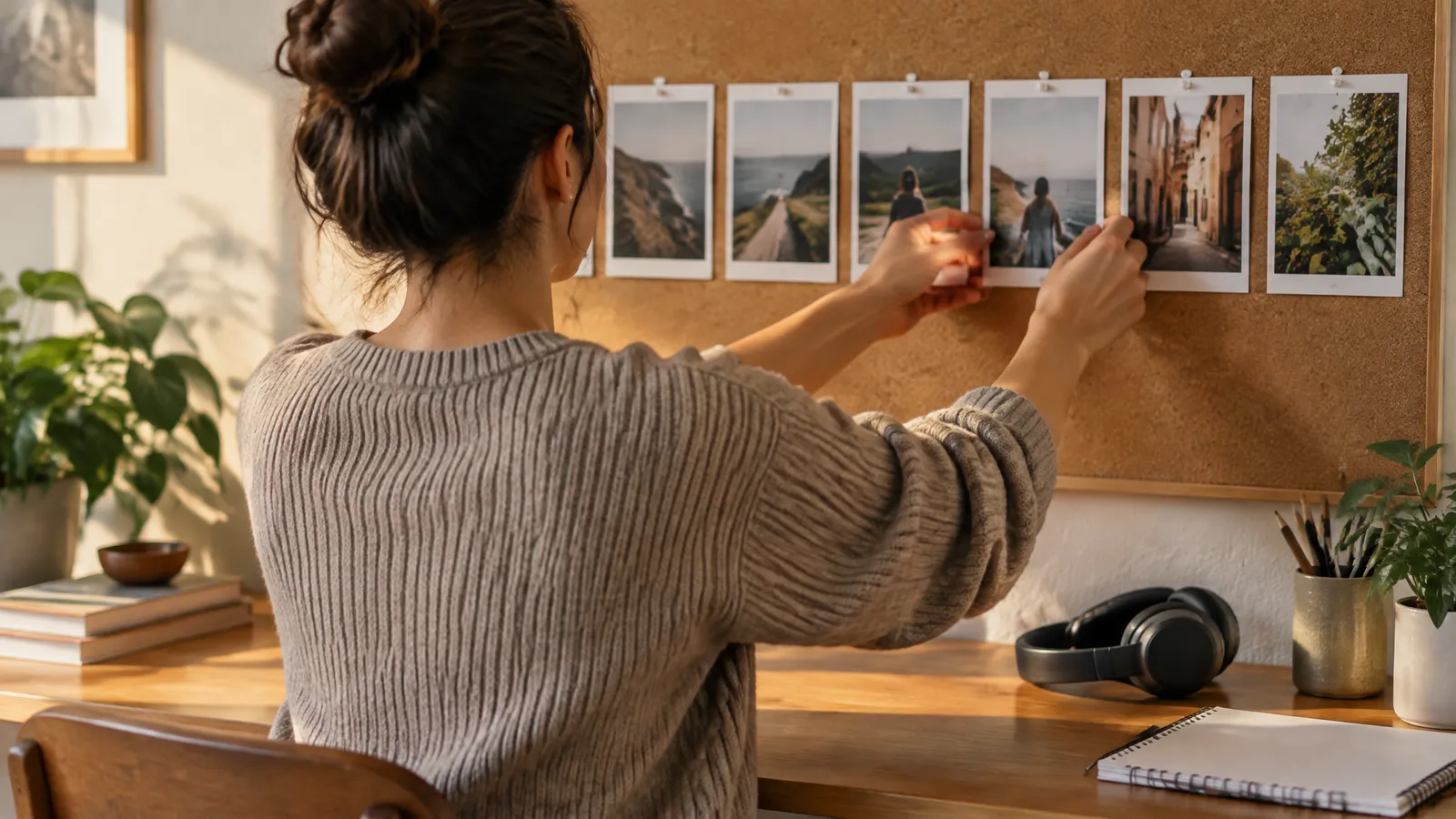 A creator at a desk arranging short vertical video scenes into one sequence