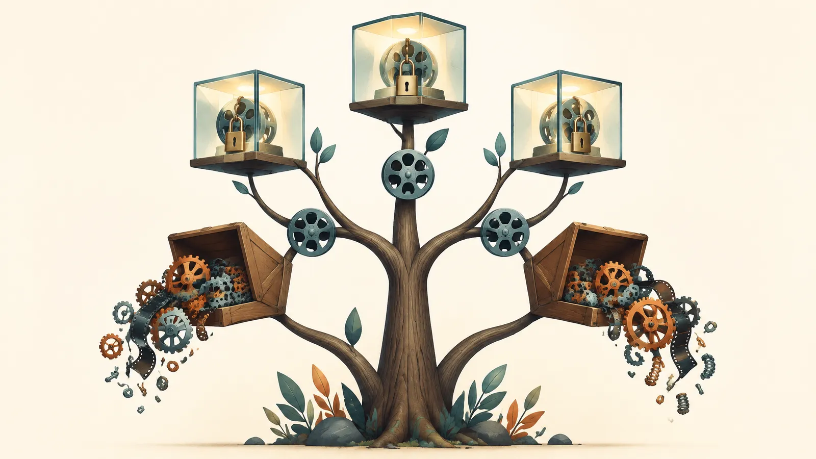 A family tree of film reels branching into open and closed boxes