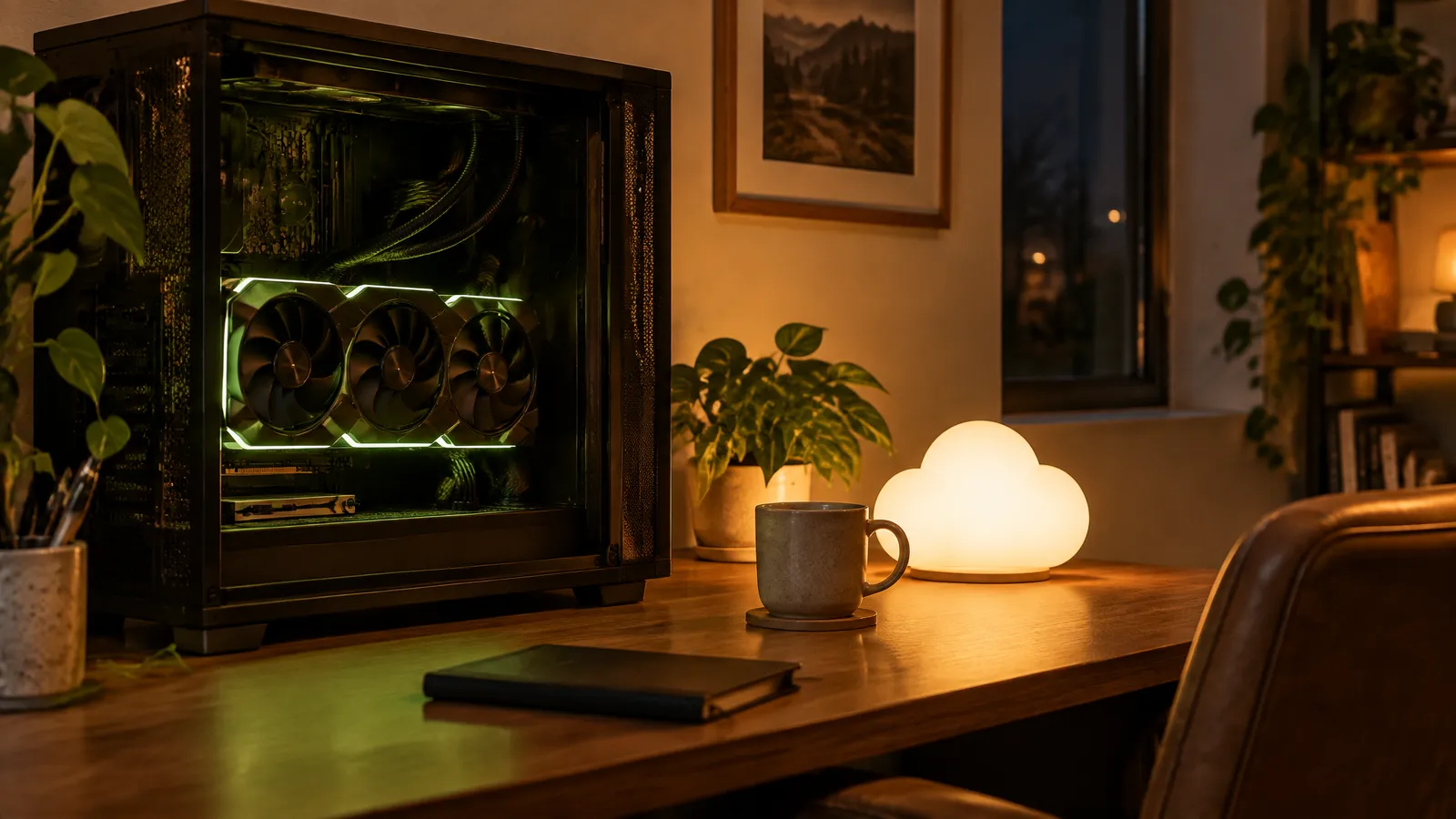A home desktop computer with a large graphics card next to a cloud-shaped lamp
