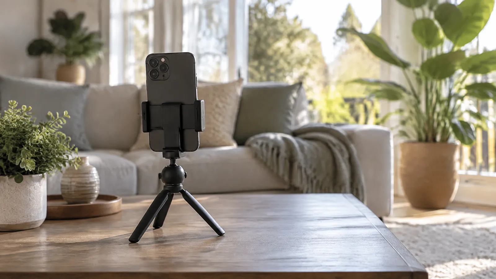 A phone on a small tripod filming a bright staged living room for a vertical listing video